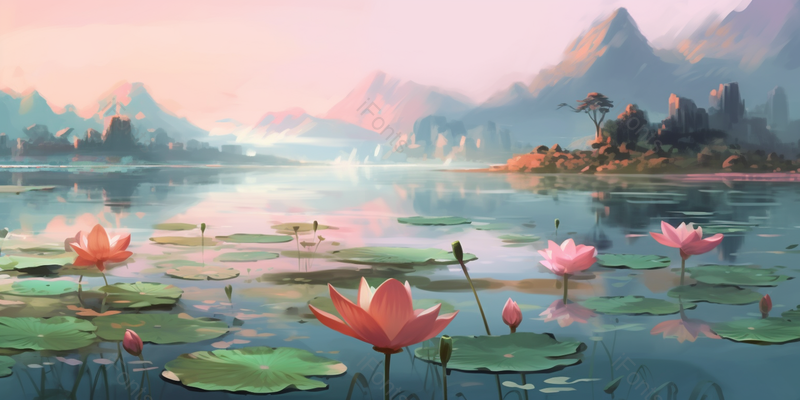 古风山水场景夏季夏日晚霞时分荷花荷叶池塘青山绿水自然环境唯美背景插画,插画/手绘图,插画/手绘图库,插画/手绘图下载,插画/手绘